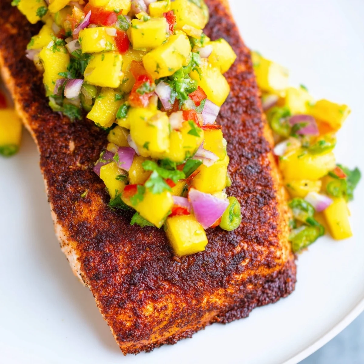 Close-up of Cajun Blackened Salmon with Mango Salsa revealing a perfectly seared, crispy exterior and flaky interior with colorful bell peppers and red onion.