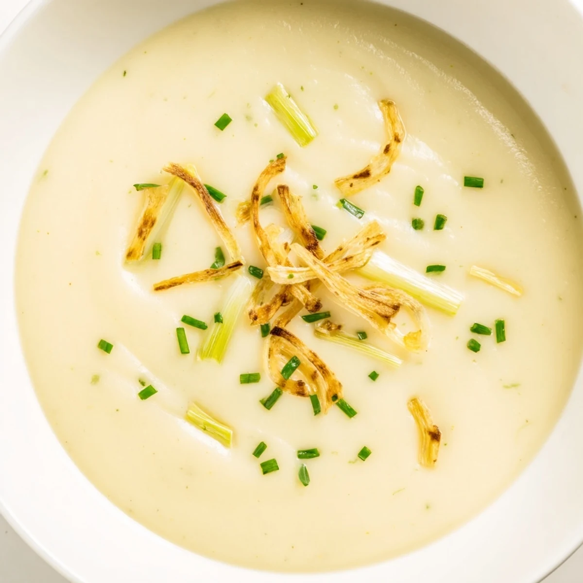 A bowl of Irish Potato Leek Soup with a swirl of cream and crunchy fried leek strips for texture.