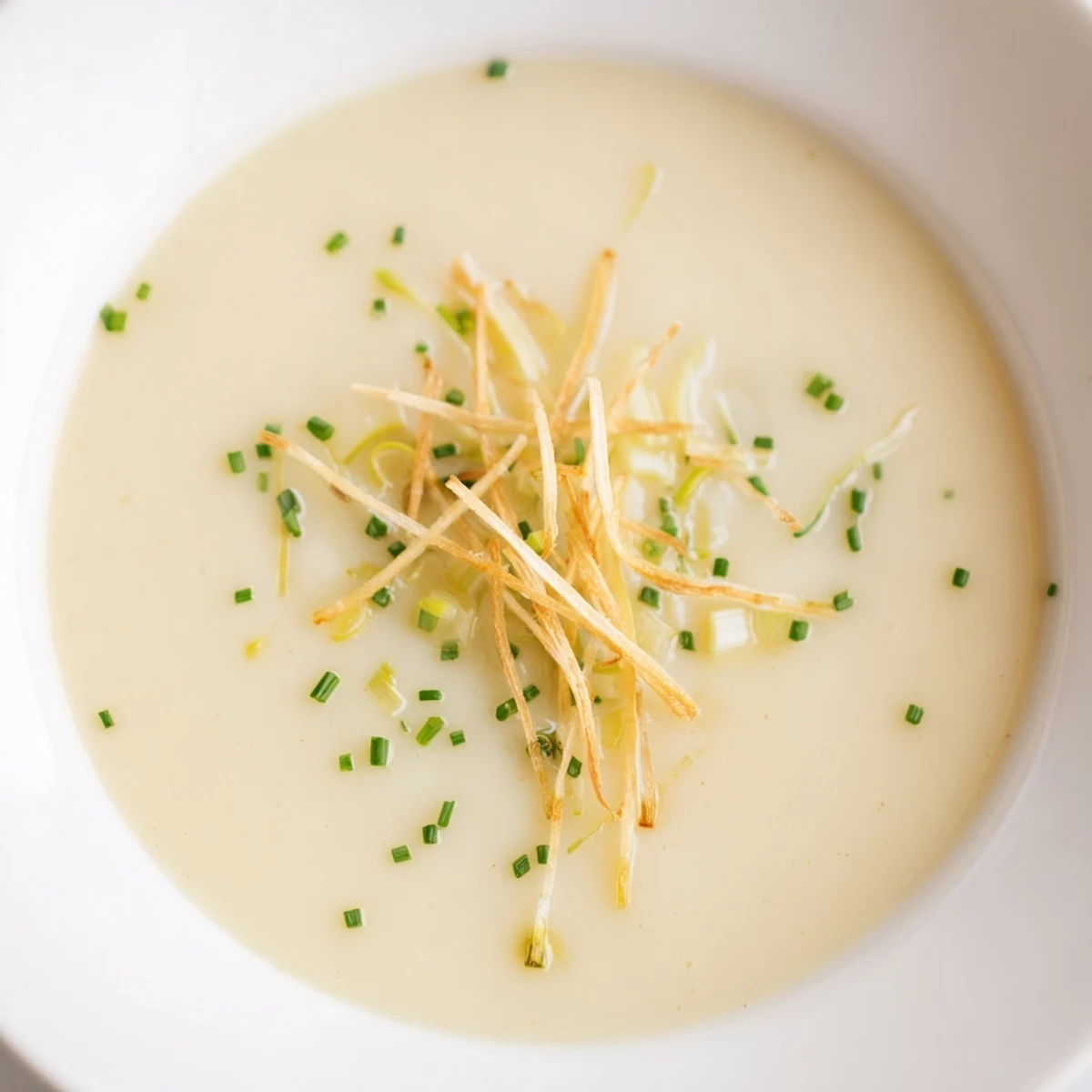 Creamy Irish Potato Leek Soup topped with golden, crispy leeks and fresh chives, served in a rustic white bowl.