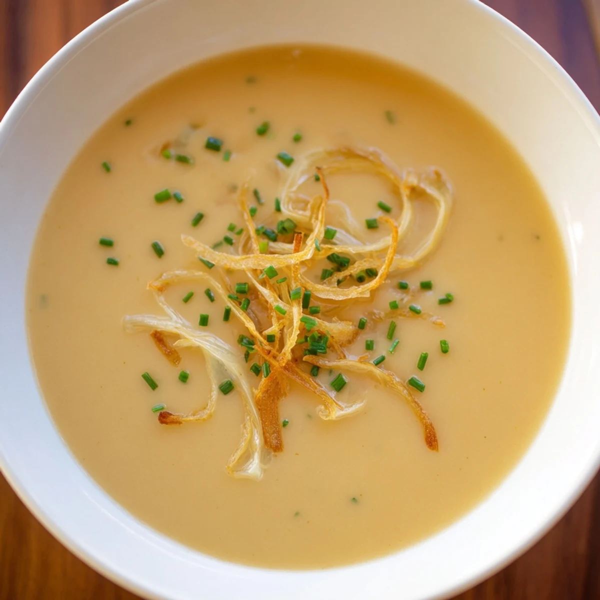 Homemade Irish Potato Leek Soup with tender potatoes, silky puree, and crispy leeks garnish on top for a savory crunch.