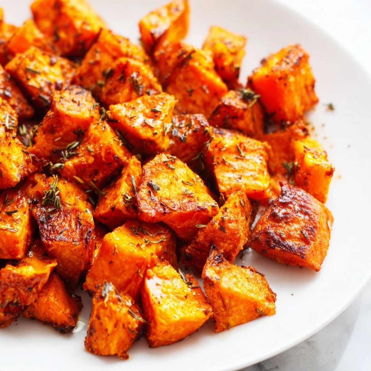 Golden brown Creole Spiced Roasted Sweet Potatoes on a rustic platter, garnished with fresh parsley.  