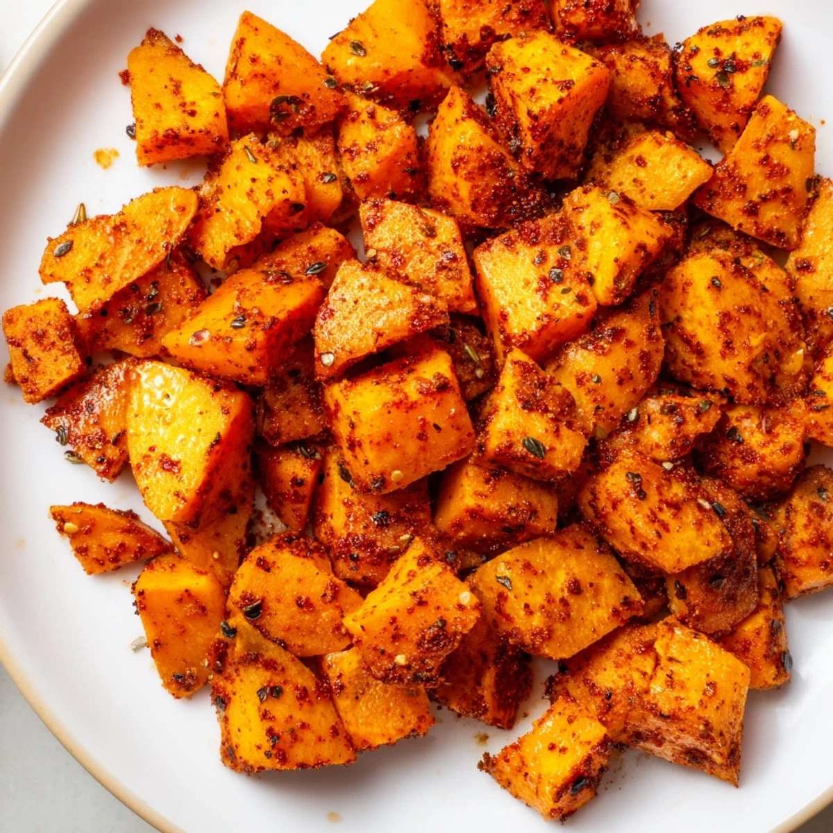 A close-up of crispy Creole Spiced Roasted Sweet Potatoes with a vibrant, bold spice coating.  
