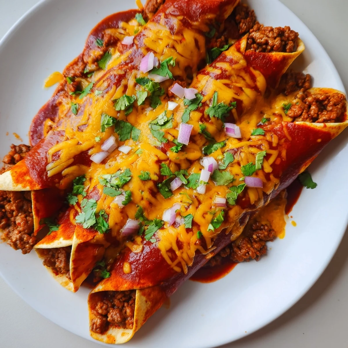 Baked Championship Beef Enchiladas with red sauce, served hot with fresh cilantro.