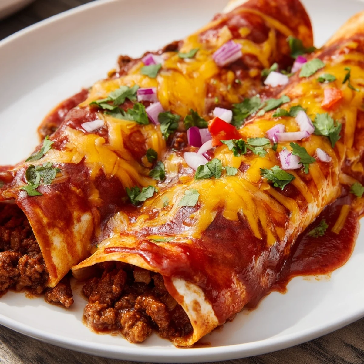 Close-up of Championship Beef Enchiladas with red sauce and melted cheese, garnished with onions.