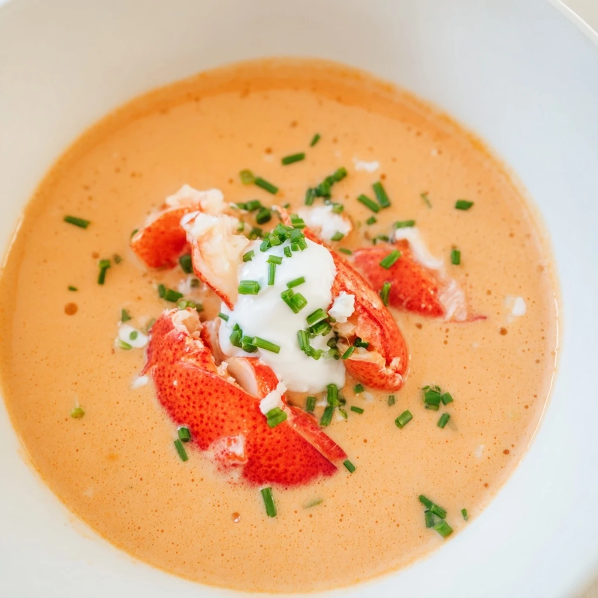 Creamy Romantic Lobster Bisque with Sherry Vinegar garnished with chives and crème fraîche.