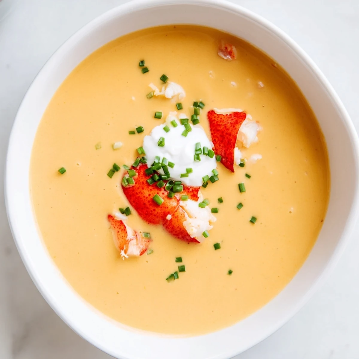 Elegant Romantic Lobster Bisque simmering in a pot, enriched with cream and white wine.