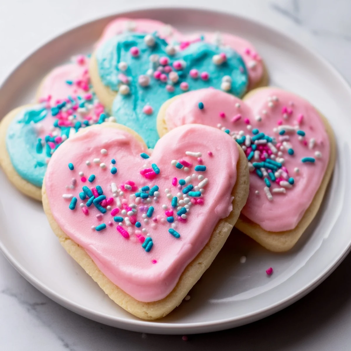 Freshly decorated Heart Shaped Sugar Cookies with Icing, featuring pink and red frosting with colorful sprinkles.