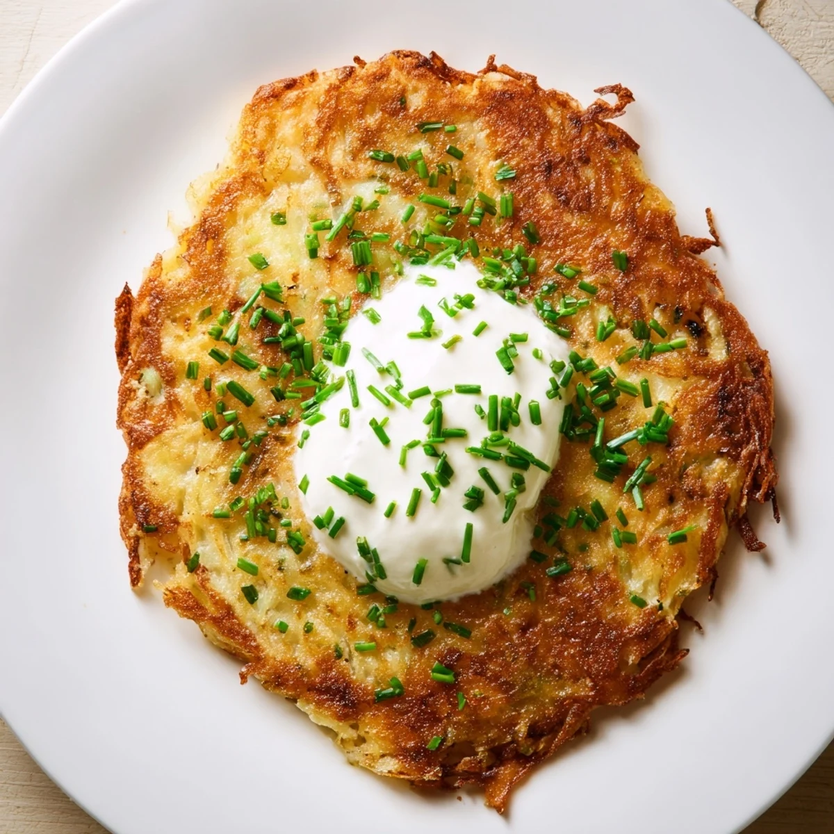 Golden brown Irish Boxty Potato Pancakes with sour cream and chives, crisp edges and a creamy center, served hot.