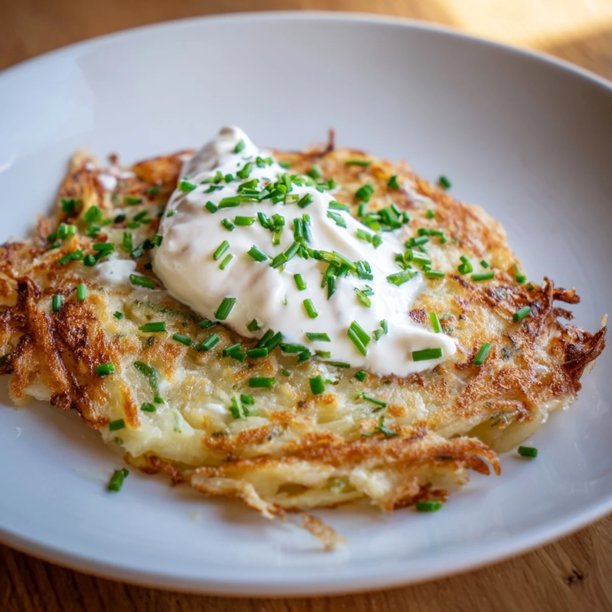 A stack of Irish Boxty Potato Pancakes topped with a dollop of sour cream and fresh chives, ready to eat.