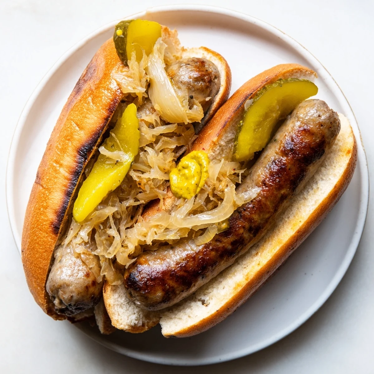 Golden-brown beef bratwursts sizzling on the grill alongside toasty buns and tangy sauerkraut.