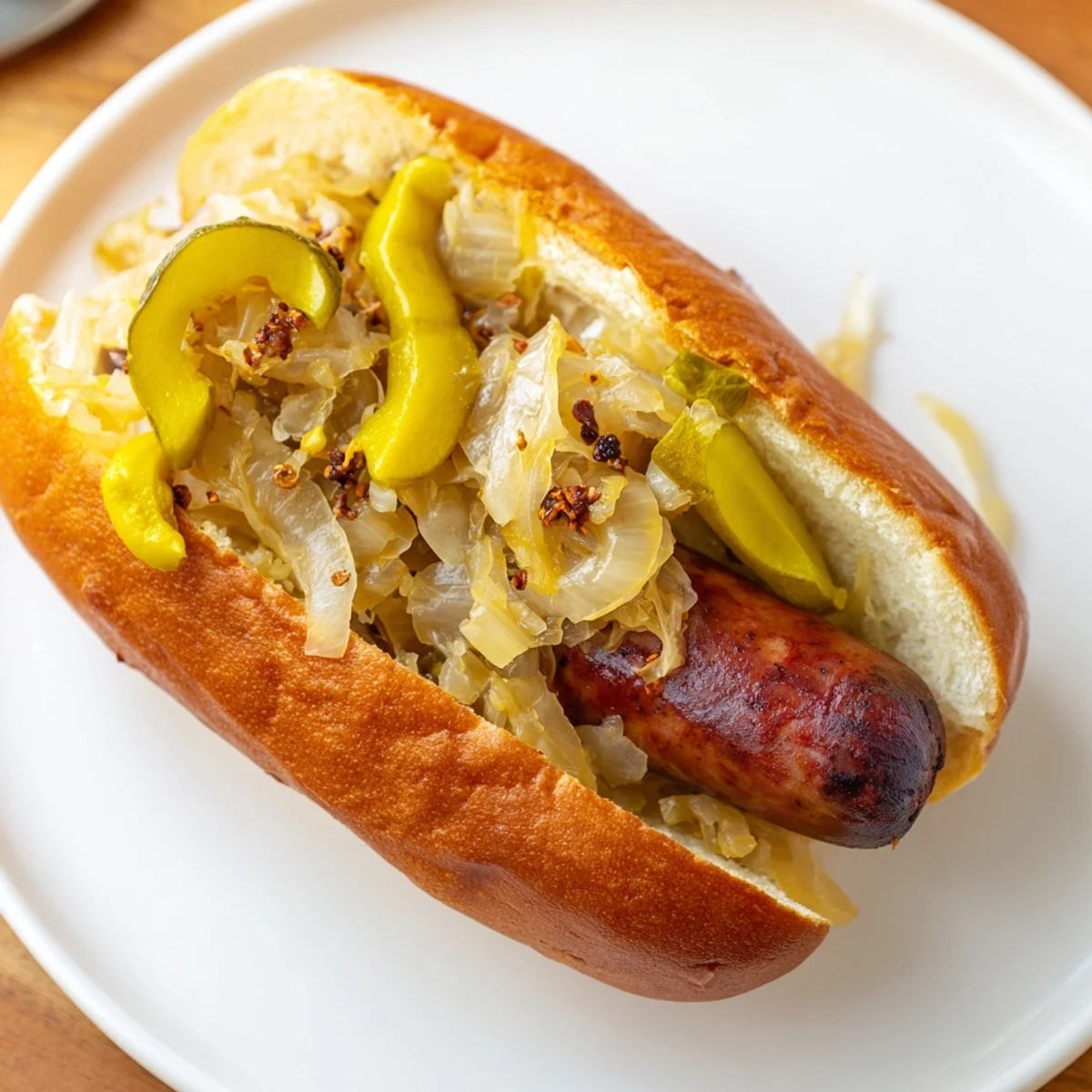 Freshly grilled beef bratwurst nestled in a toasted bun, topped with sauerkraut for a classic game day feast.