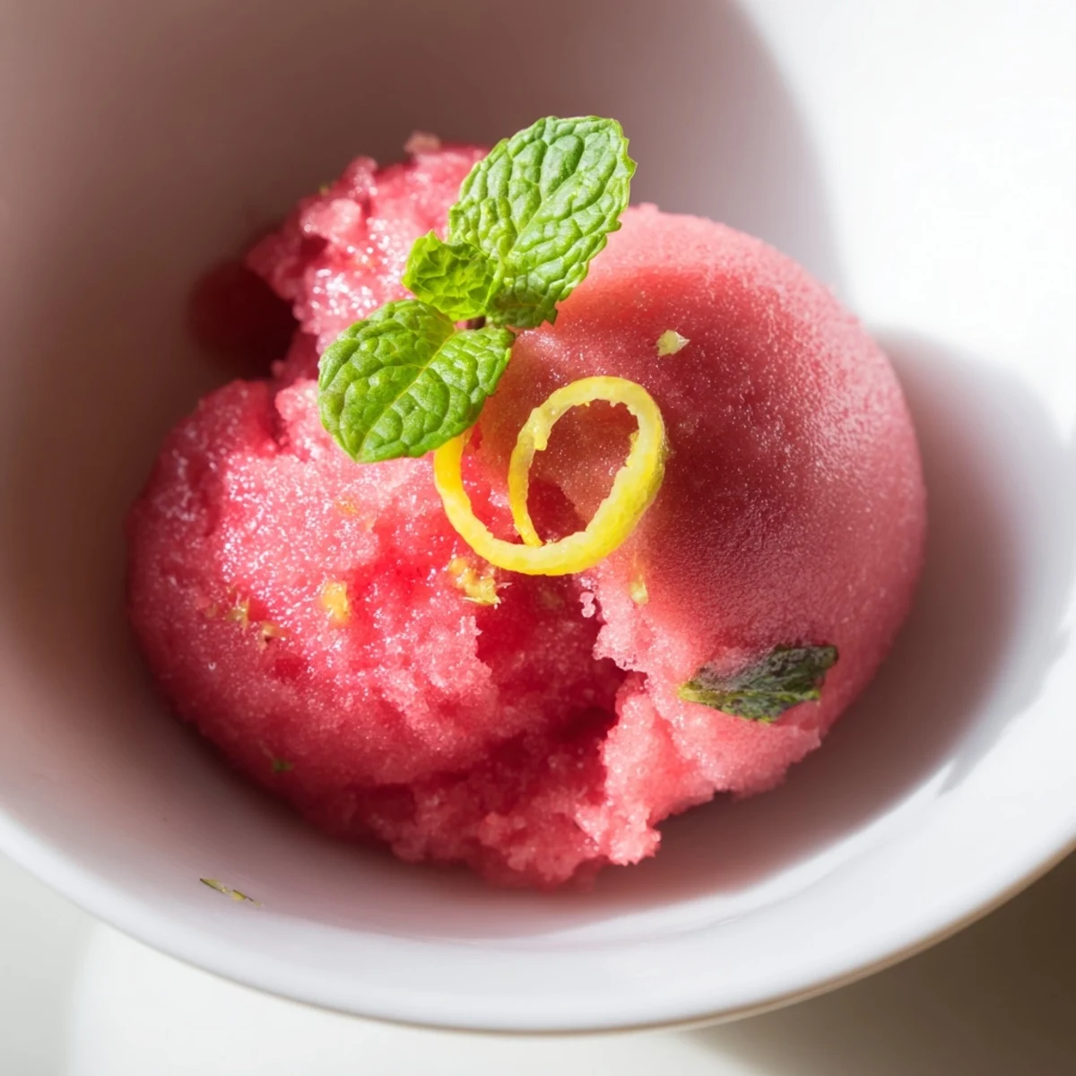 Scoops of vibrant Pink Lemonade Sorbet with Mint sit in a chilled bowl, garnished with fresh mint leaves and a lemon slice.