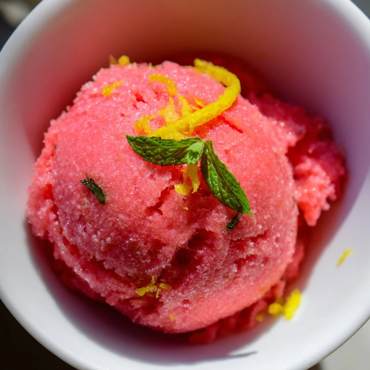 A food styling shot of Pink Lemonade Sorbet with Mint in a rustic bowl, topped with zest curls and mint sprigs.