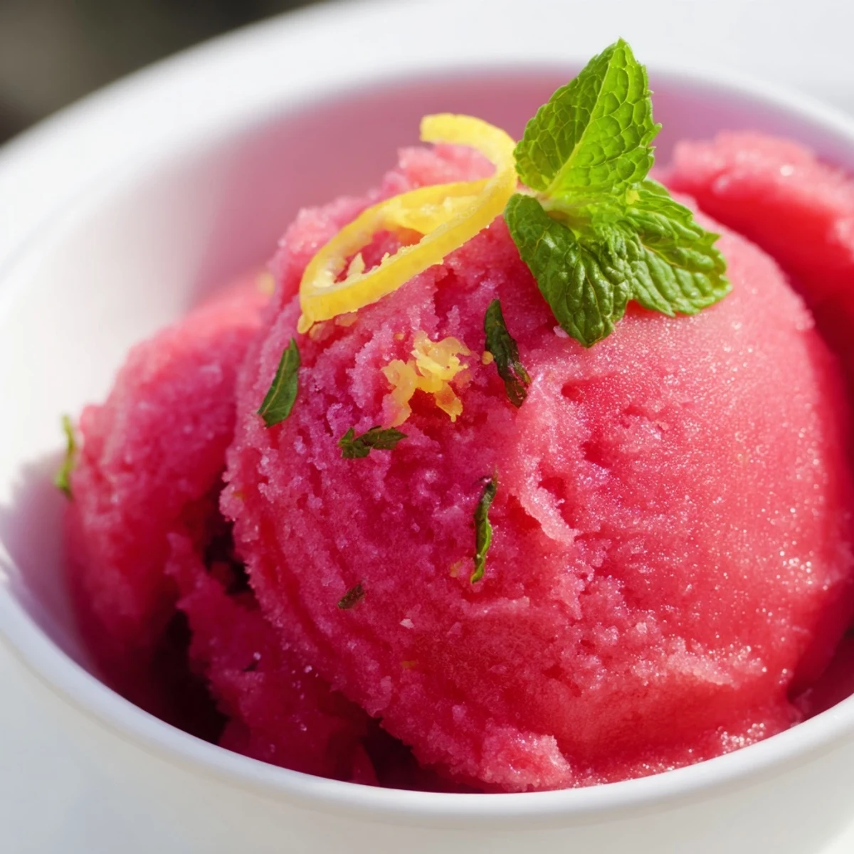 A frosty glass dish holds homemade Pink Lemonade Sorbet with Mint, its pink crystals glistening under bright summer sunlight.