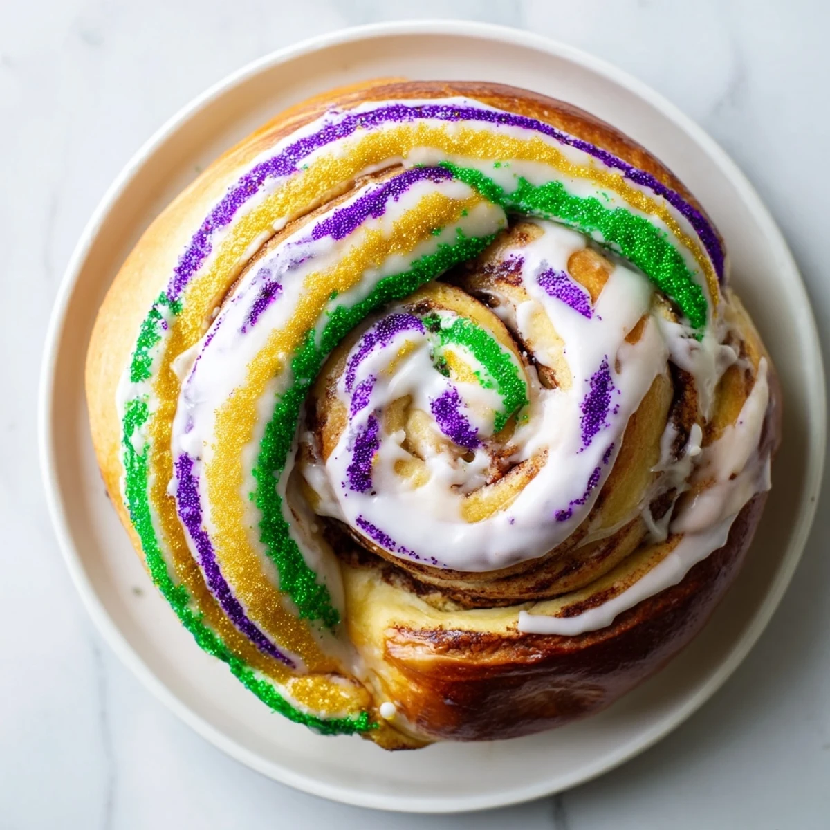 Vibrant Mardi Gras King Cake, featuring soft brioche, cinnamon swirl, and colorful sugars, sliced and ready for a festive Mardi Gras party.