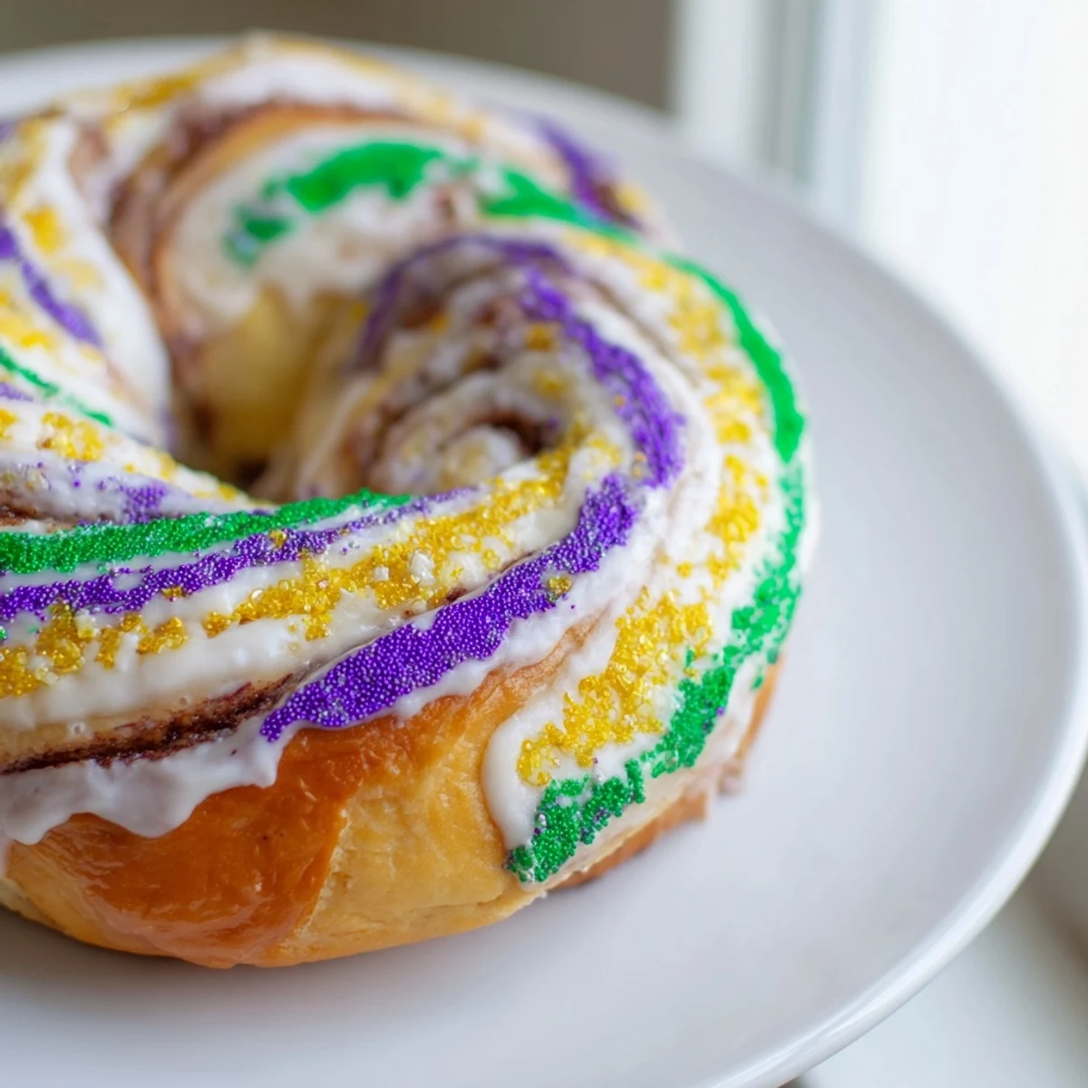 Frosted Mardi Gras King Cake with purple, green, and gold sanding sugars, drizzled with sweet icing and served on a cake stand.