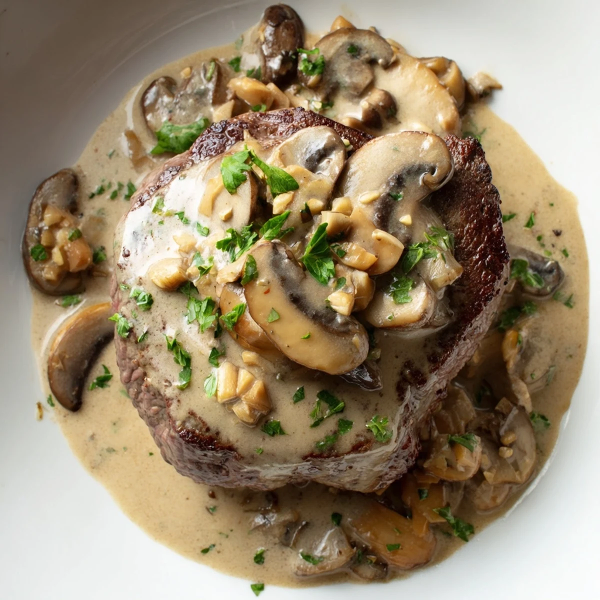 Golden-brown, pan-seared Steak Diane with mushroom sauce drizzled over tender beef, served alongside creamy mashed potatoes and green beans.