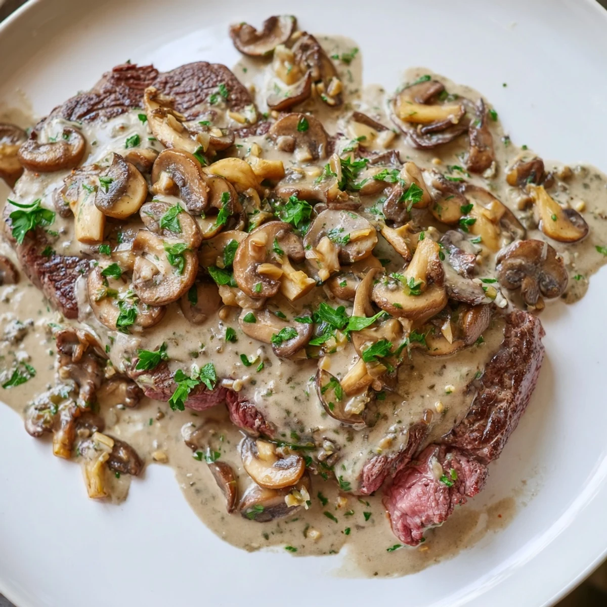Steak Diane with rich, brandy-infused mushroom sauce served hot from the skillet, paired with mashed potatoes for a steakhouse dinner.