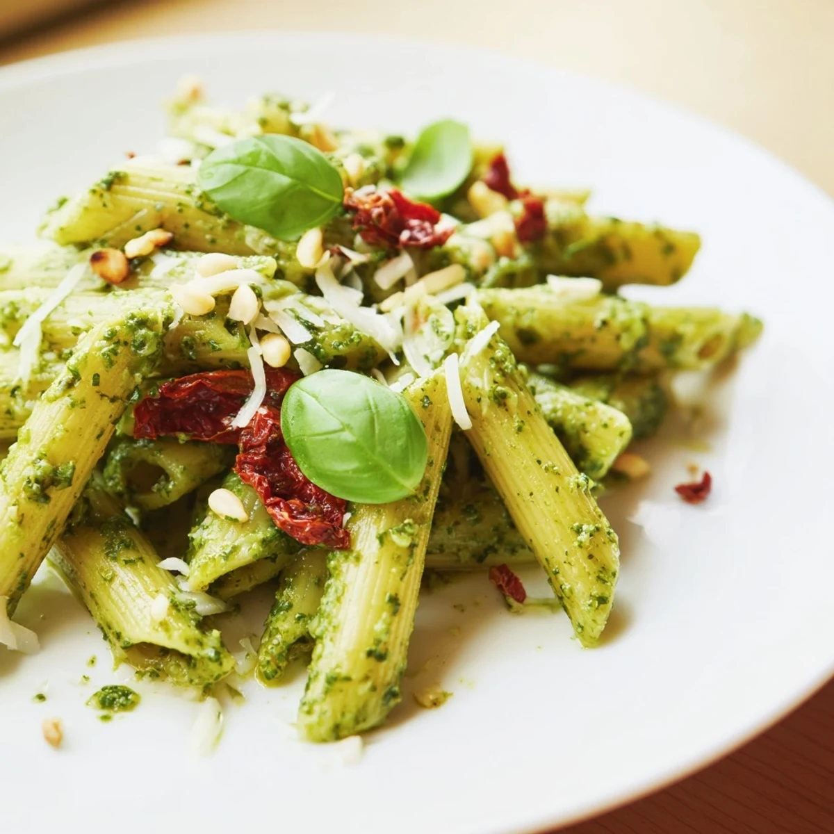 A generous bowl of Green Pesto Pasta with Sun-Dried Tomatoes featuring rich, aromatic pesto and tangy tomato slices.