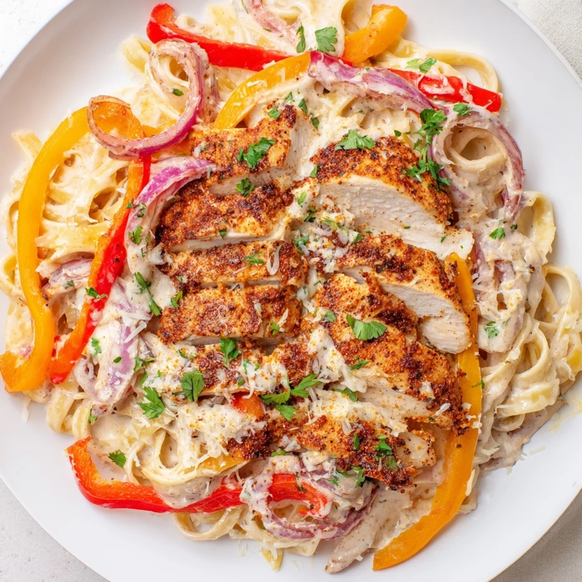 Cajun Chicken Alfredo with Peppers twirls fettuccine in creamy sauce, topped with tender sliced chicken and vibrant sautéed bell peppers.