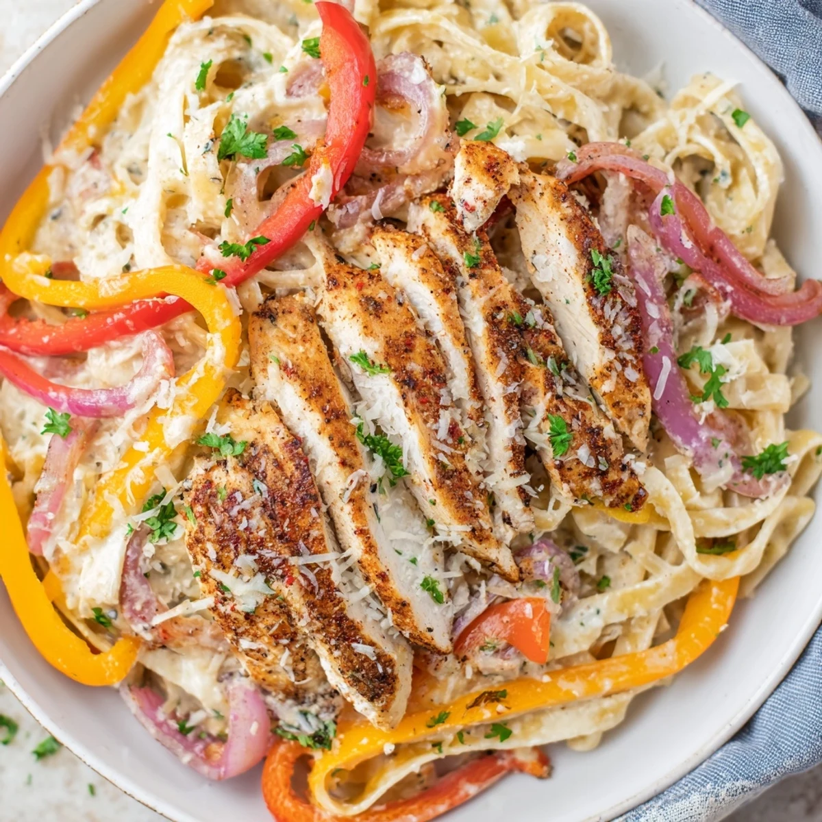 A skillet of Cajun Chicken Alfredo with Peppers glows beside fresh parsley garnish, showcasing rich Parmesan cream coating noodles and colorful veggies.