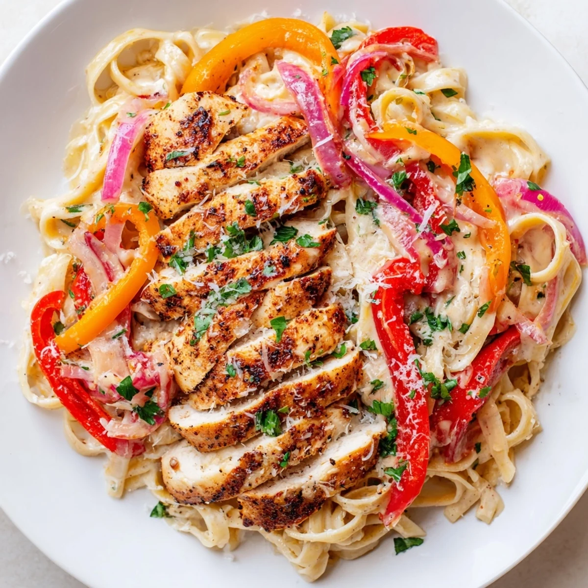 Sizzling, Cajun Chicken Alfredo with Peppers steams on a plate, with golden chicken slices, red and yellow peppers, and melted Parmesan.