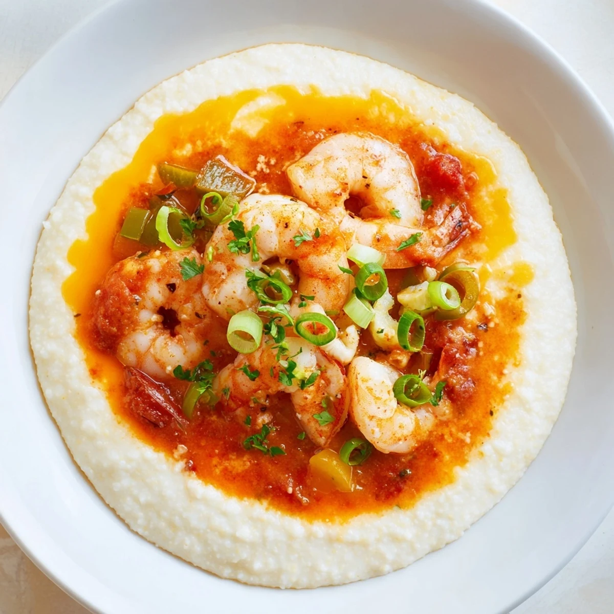 Creamy stone-ground grits topped with spicy Creole shrimp in a rich, vibrant tomato gravy.