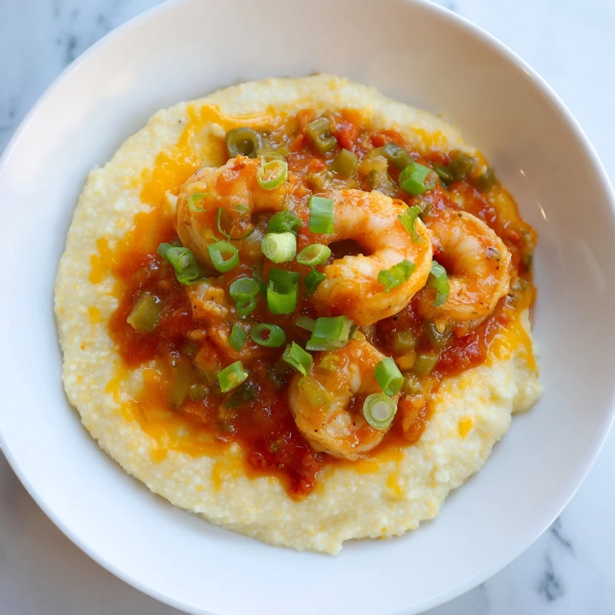 Spicy tomato gravy drizzled over tender shrimp and grits, garnished with fresh parsley.