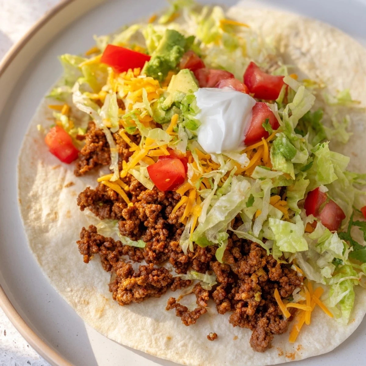 A platter of Beef Tacos with Homemade Taco Seasoning features golden-brown shells loaded with savory beef, diced tomatoes, sour cream, and a vibrant lime wedge garnish.