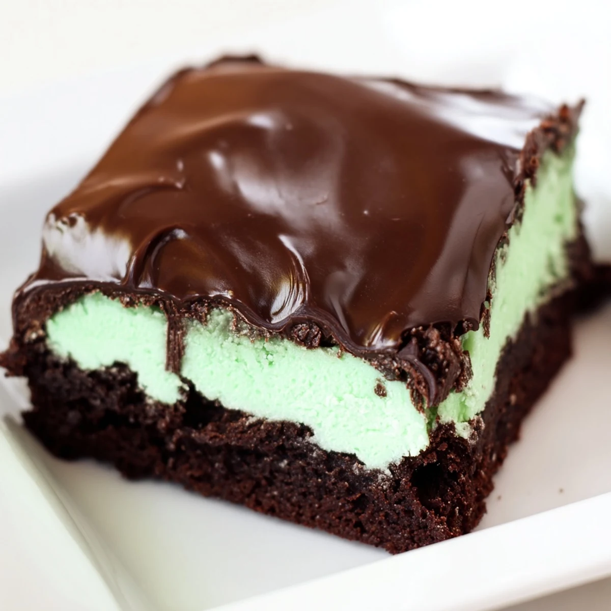 A close-up of Shamrock Mint Brownies with Chocolate Ganache, showing a glossy, dark ganache topping and a vibrant green mint layer peeking out from the cut edge.