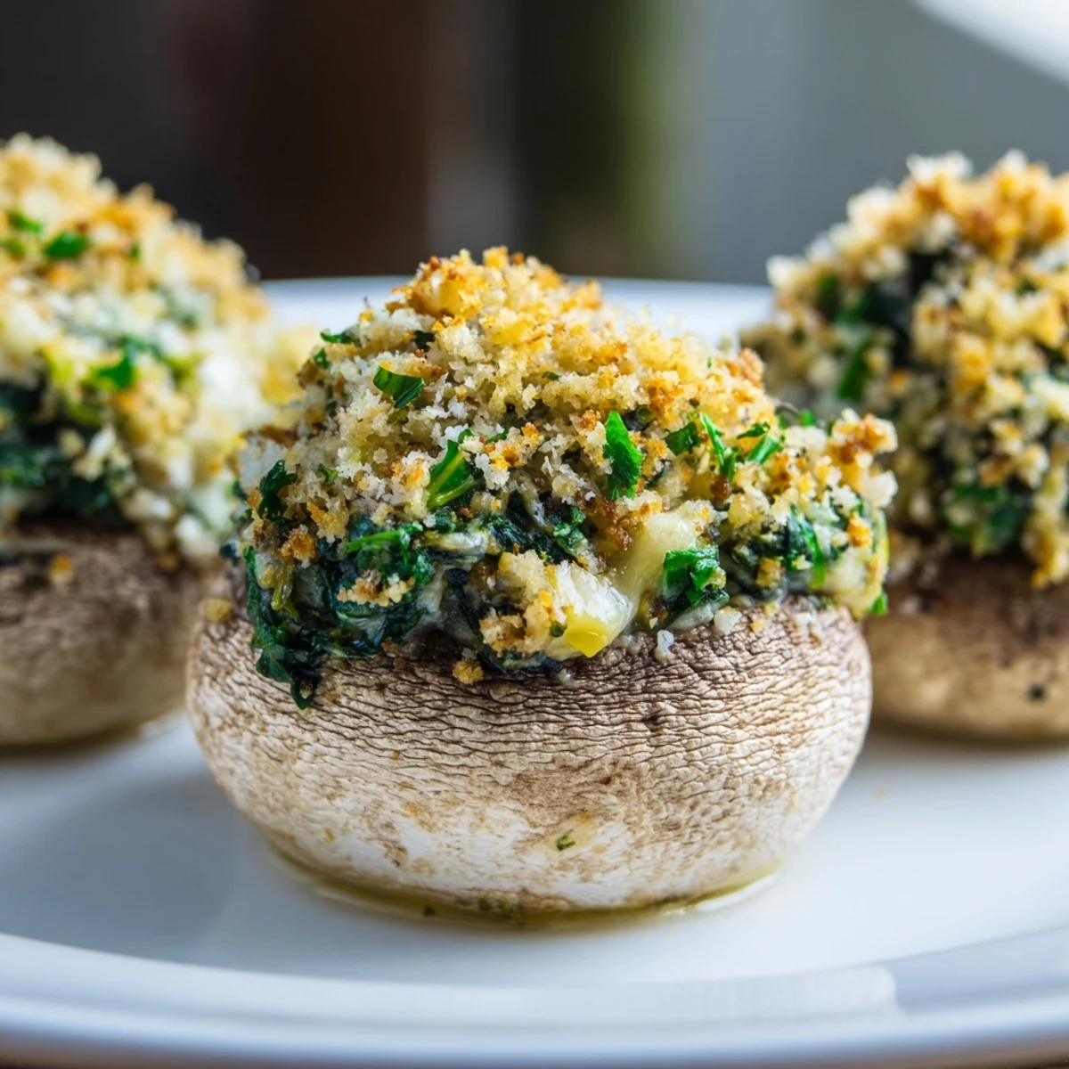 Golden-brown Vegetarian Stuffed Mushrooms with Spinach and Cheese bubbling on a baking sheet, ready for a party appetizer.  