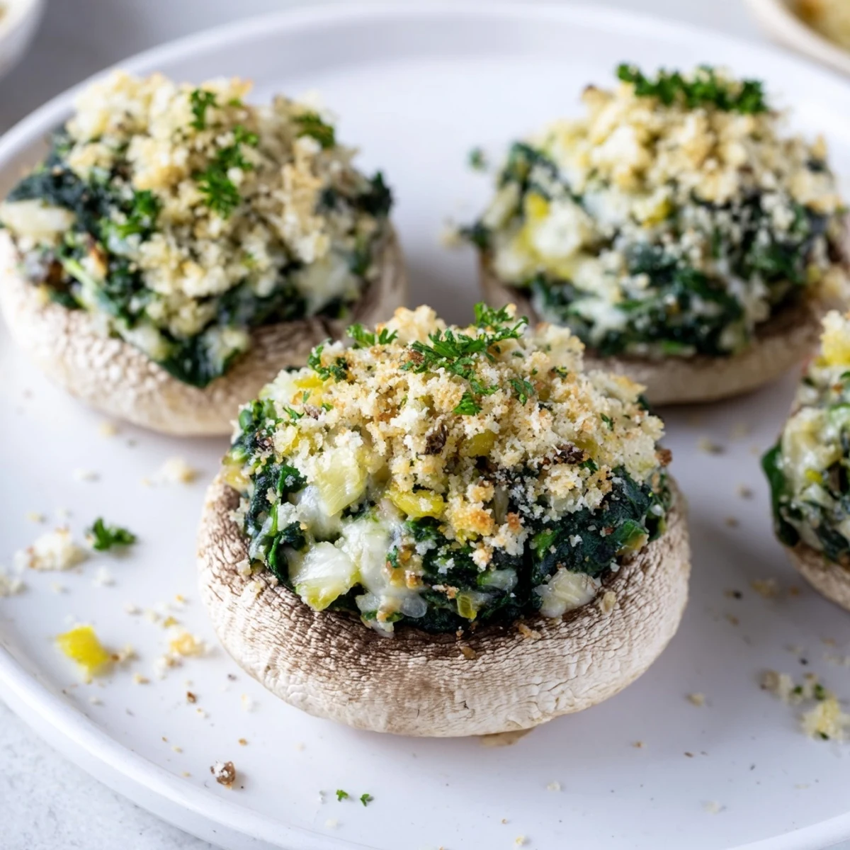 A close-up of Vegetarian Stuffed Mushrooms with Spinach and Cheese, highlighting the creamy filling and fresh herbs.