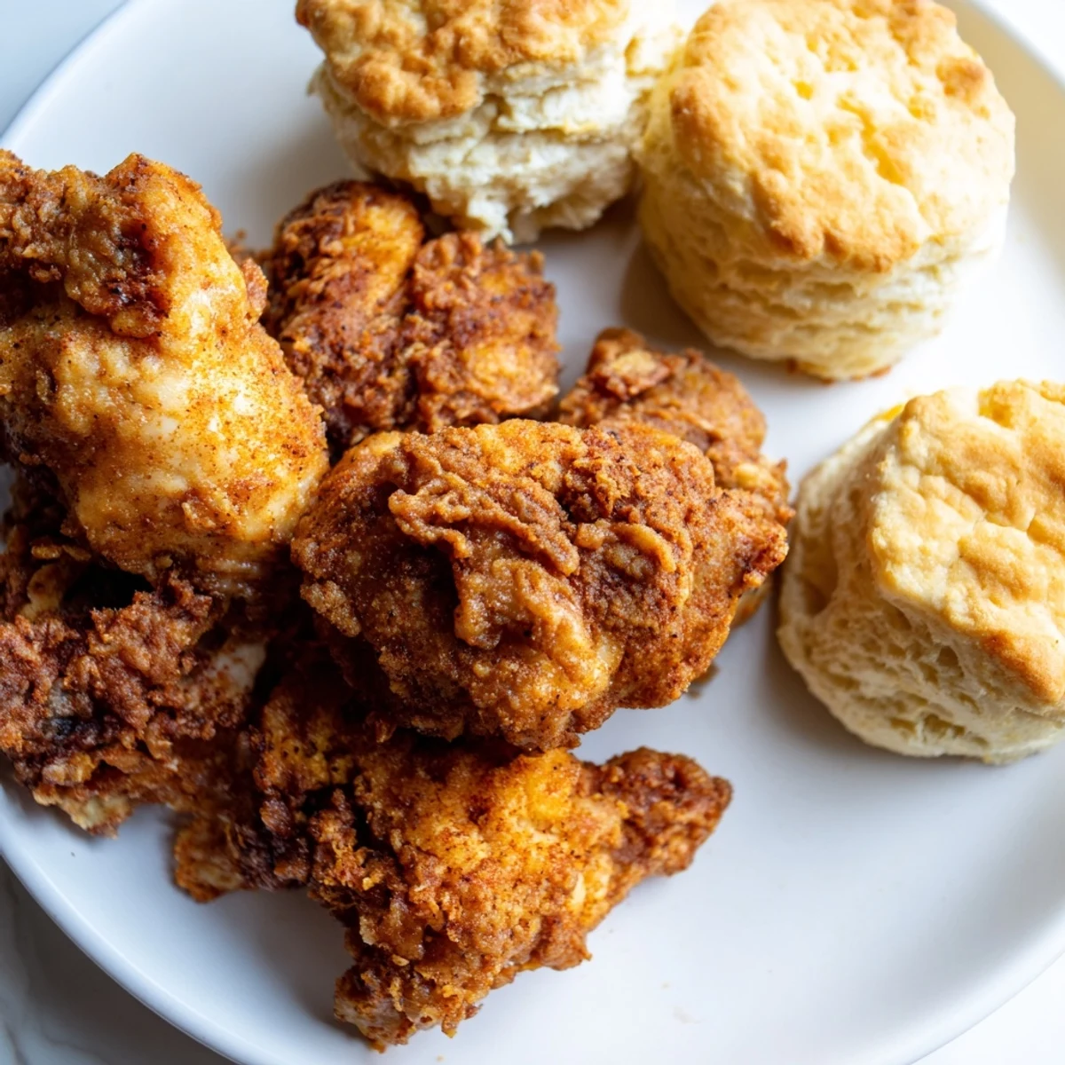 Golden-brown Southern fried chicken with crispy skin rests next to warm, fluffy buttermilk biscuits on a rustic wooden table.