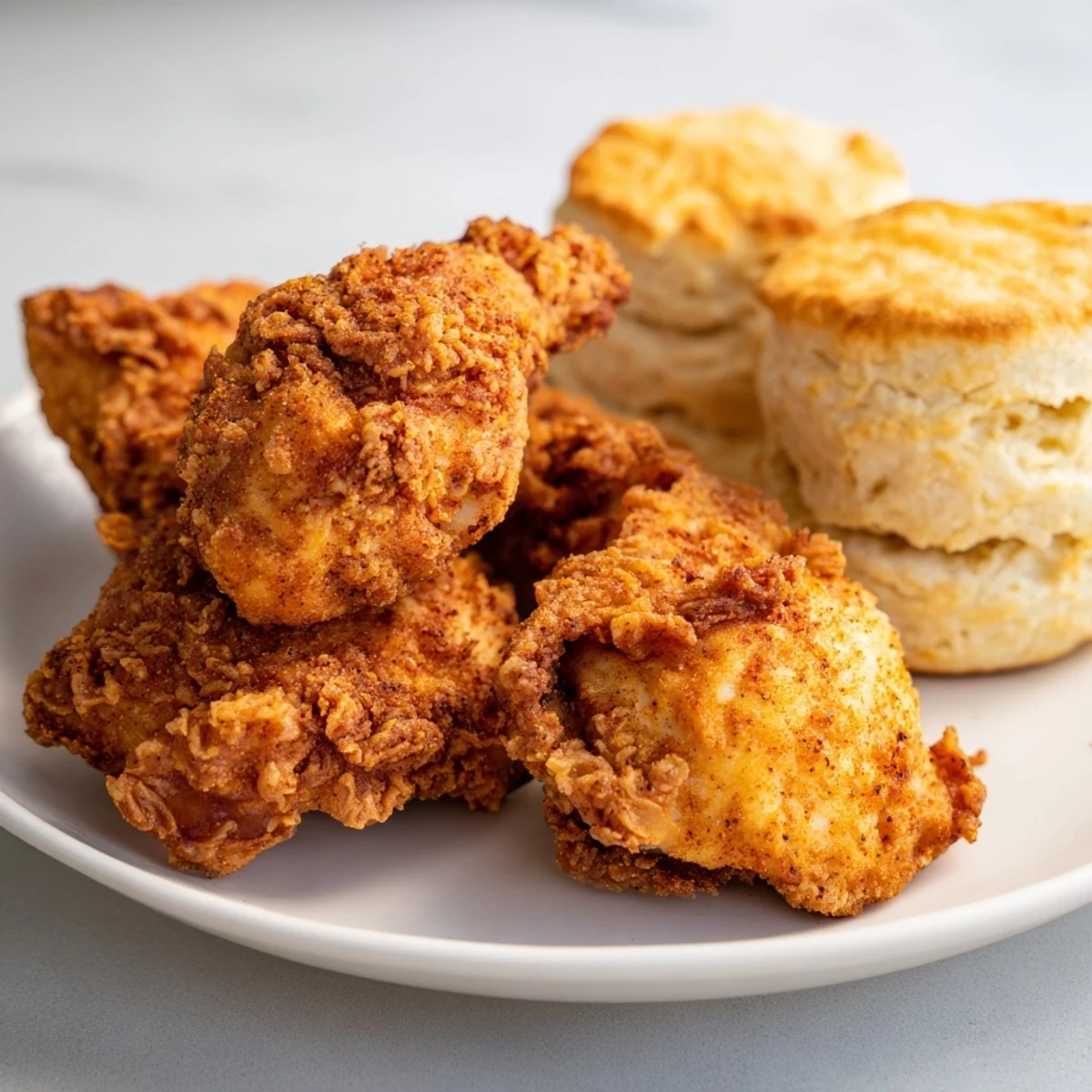 Hearty Southern fried chicken drumsticks and golden biscuits serve with honey butter for a comforting family dinner spread.