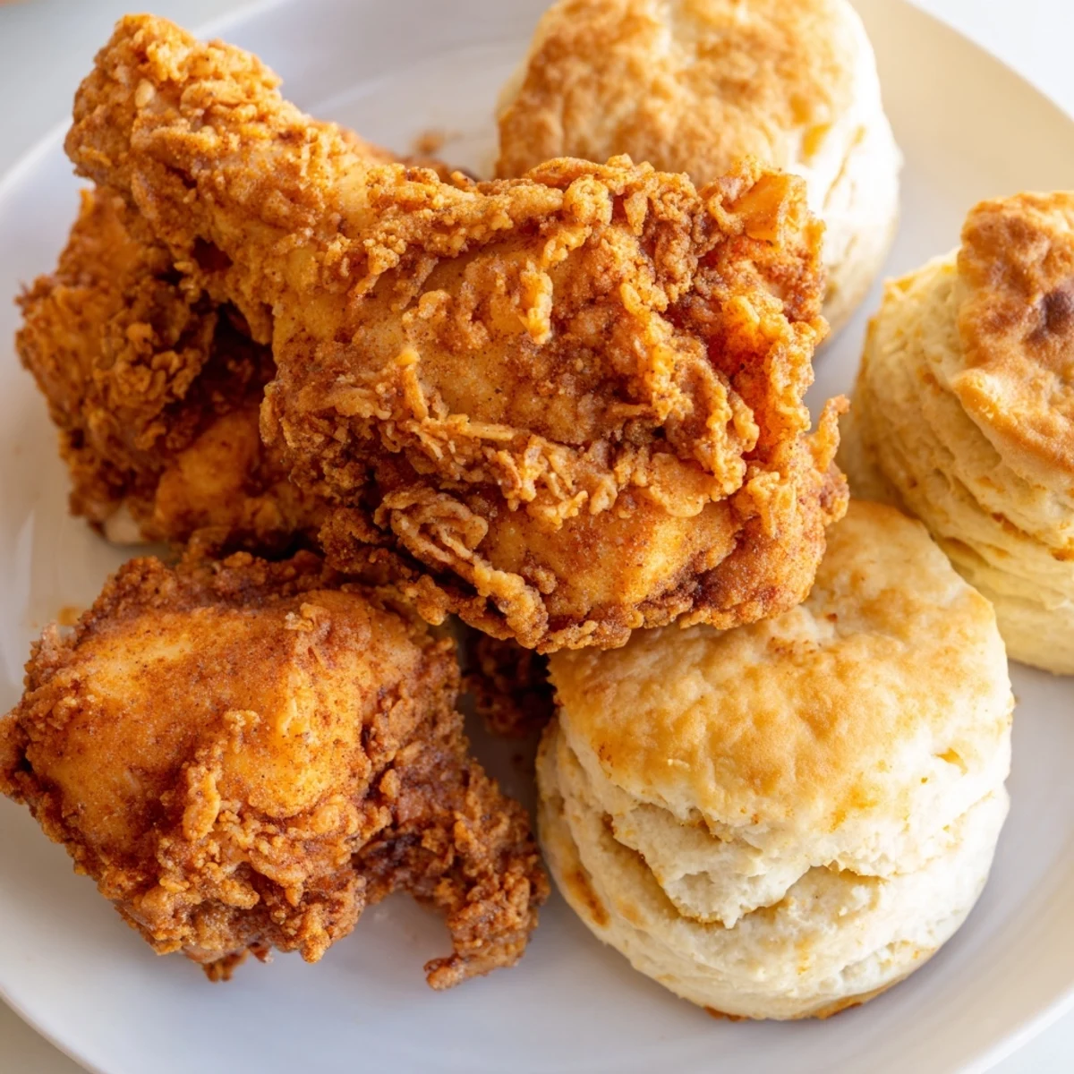 Golden Southern fried chicken and golden buttermilk biscuits on a white plate, garnished with parsley and black pepper.
