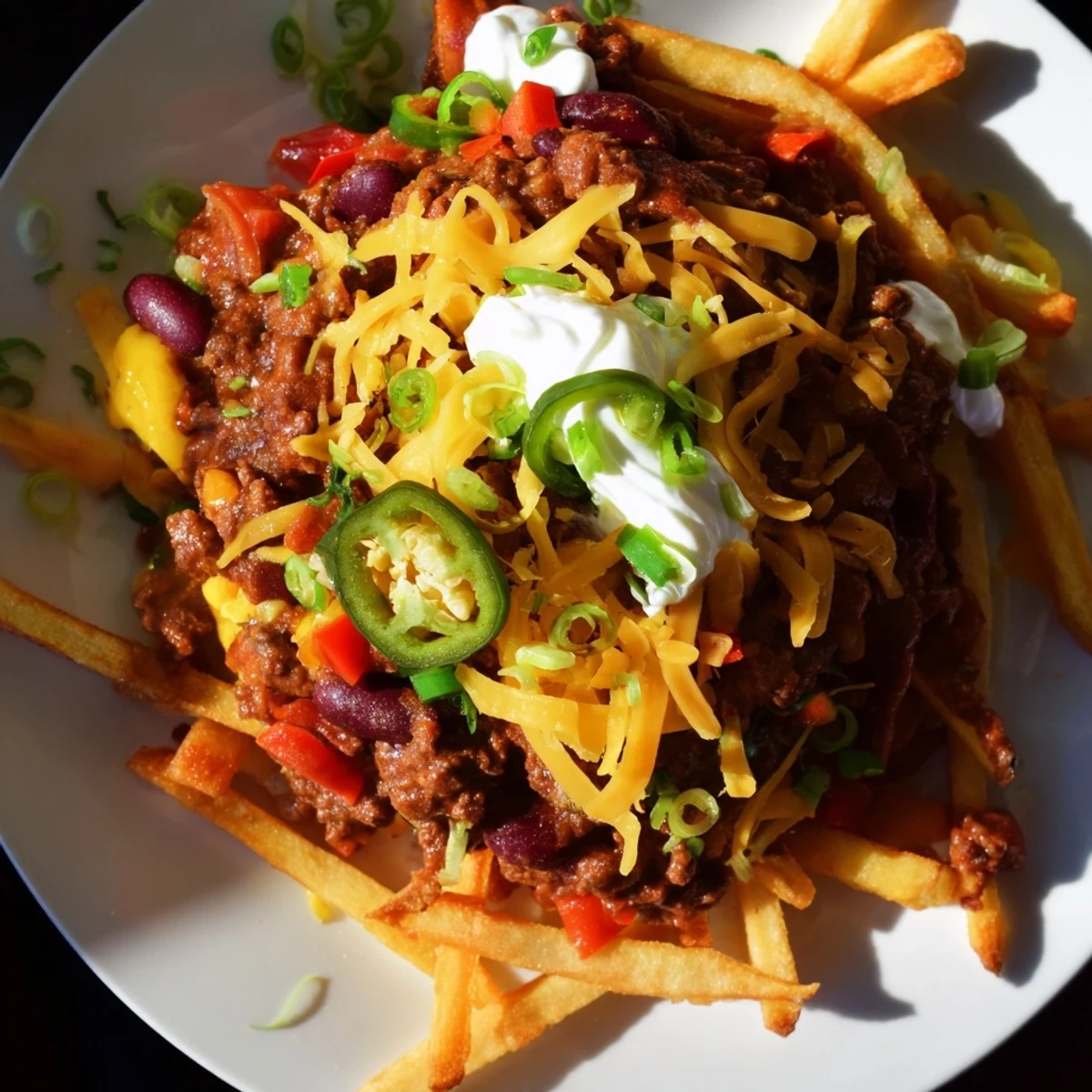 Crispy golden fries smothered in hearty ground beef chili, melted cheddar cheese, and fresh jalapeños for a spicy kick.
