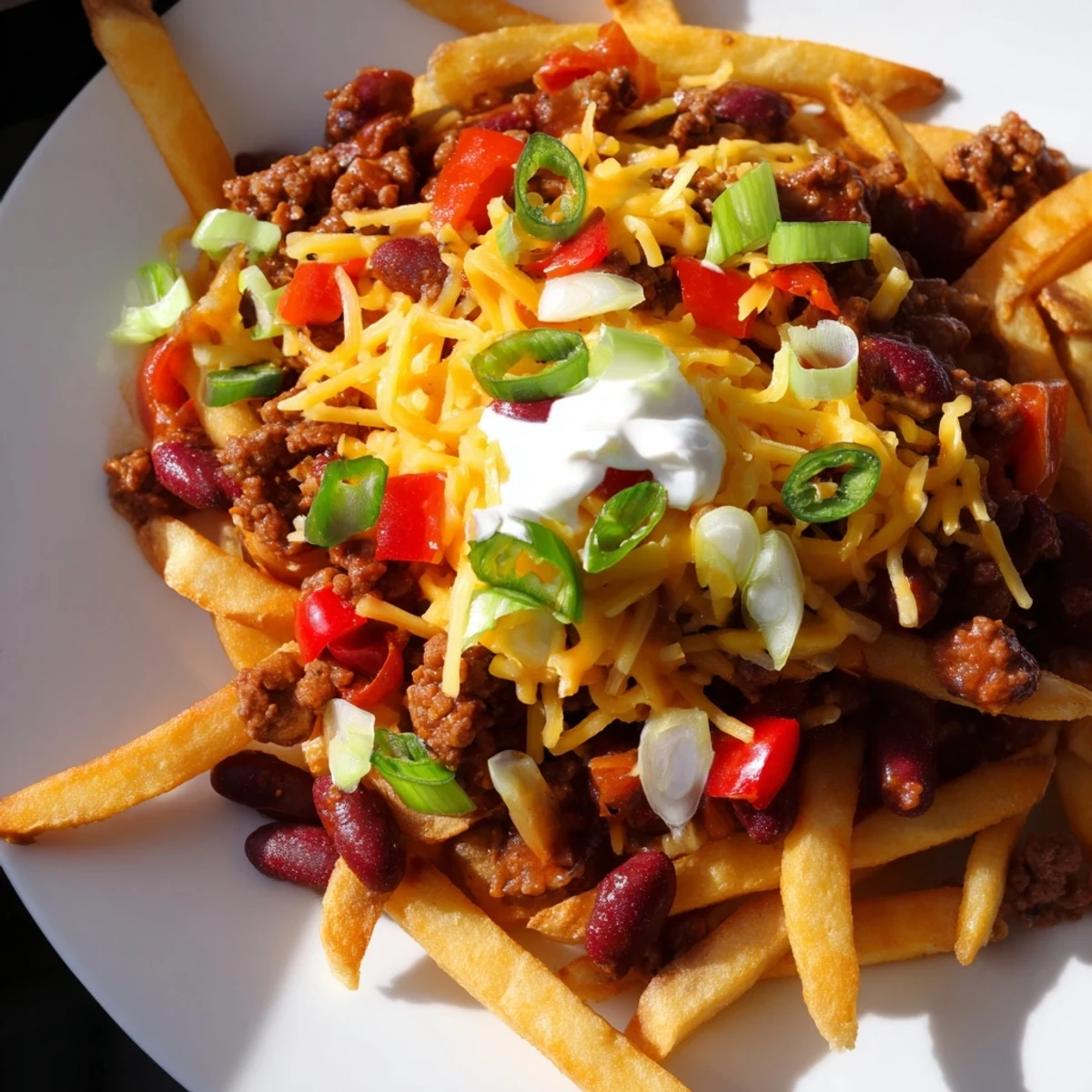 Heaping plate of loaded Chili Cheese Fries with ground beef, perfect for a cozy game day snack or dinner.