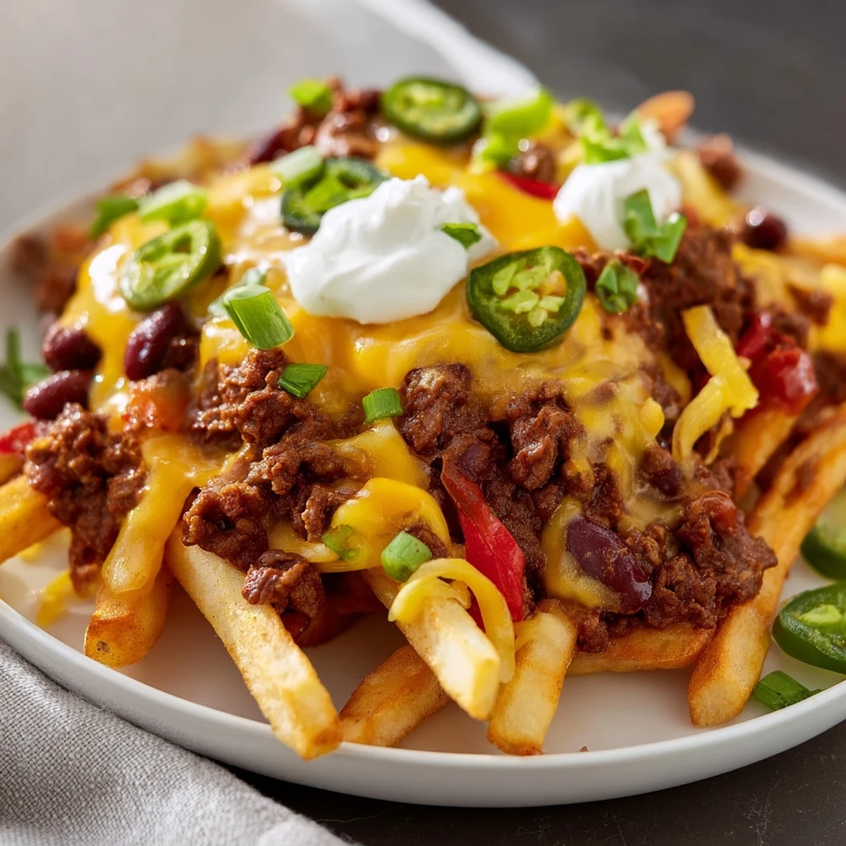Freshly baked Chili Cheese Fries featuring a rich, homemade beef chili sauce and shredded cheddar melting over hot fries.