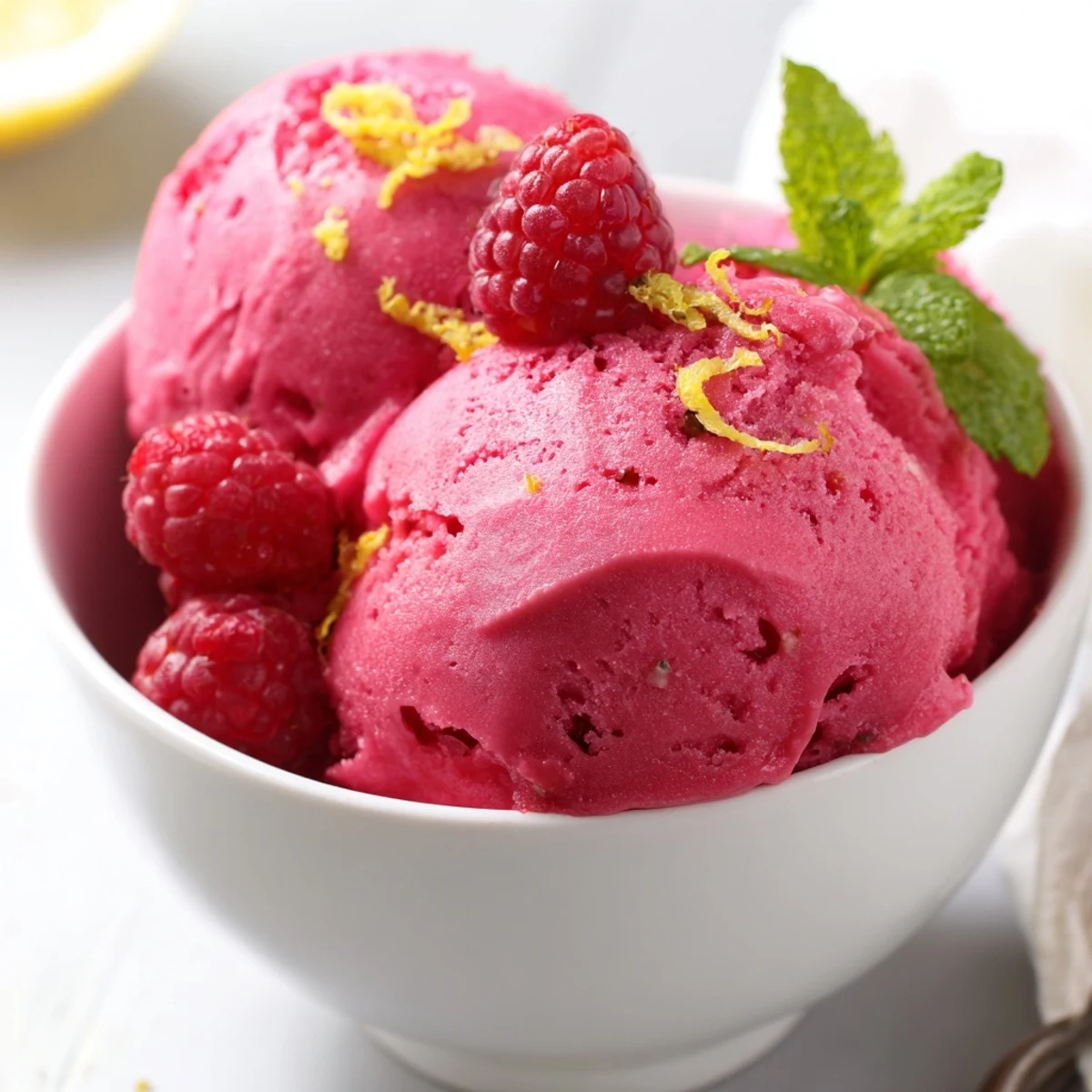 Pink Raspberry Lemonade Sorbet in a frosty glass, topped with fresh berries and mint for a refreshing summer dessert.  