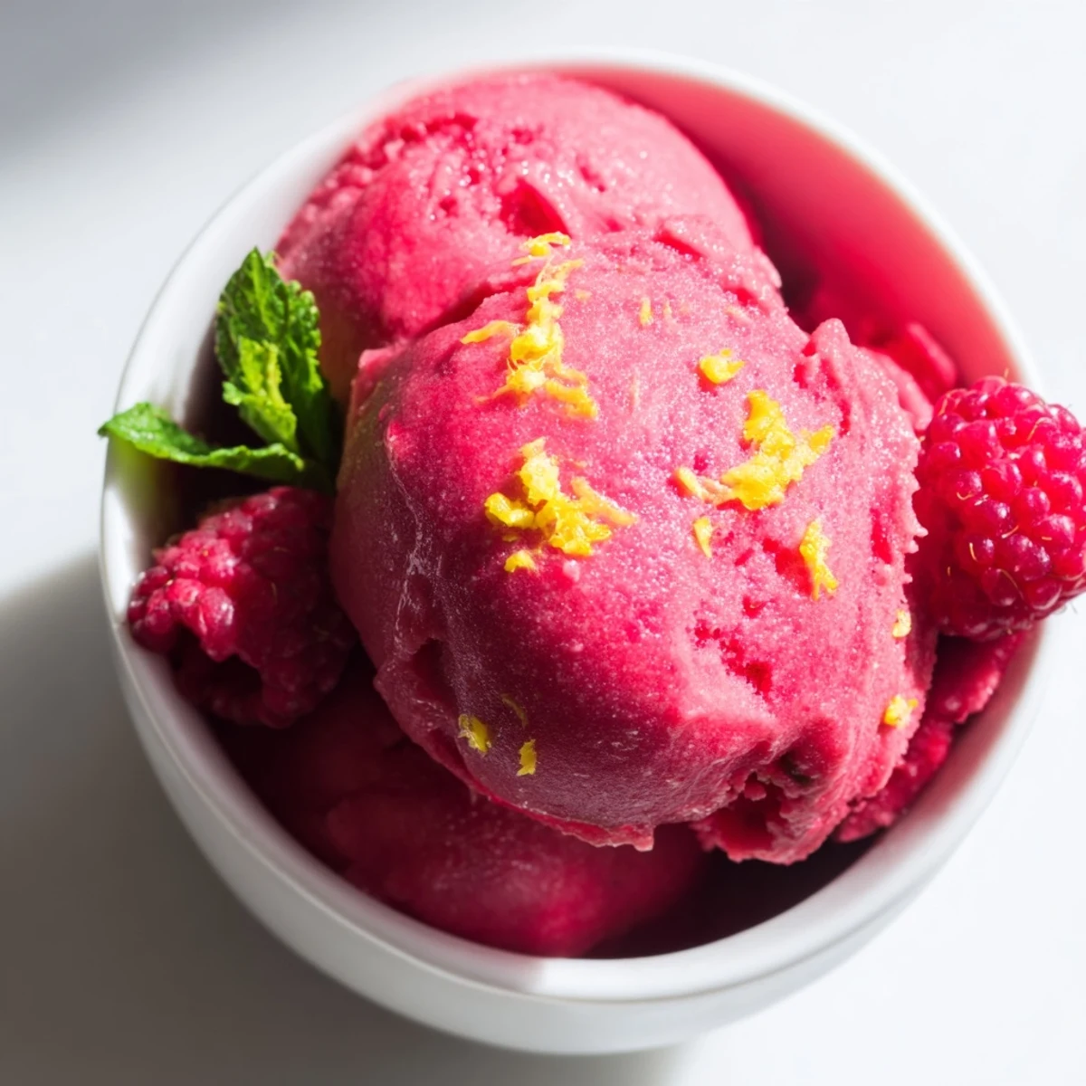 Cone of vibrant Pink Raspberry Lemonade Sorbet with a bright pink swirl, melting slightly on a warm day.