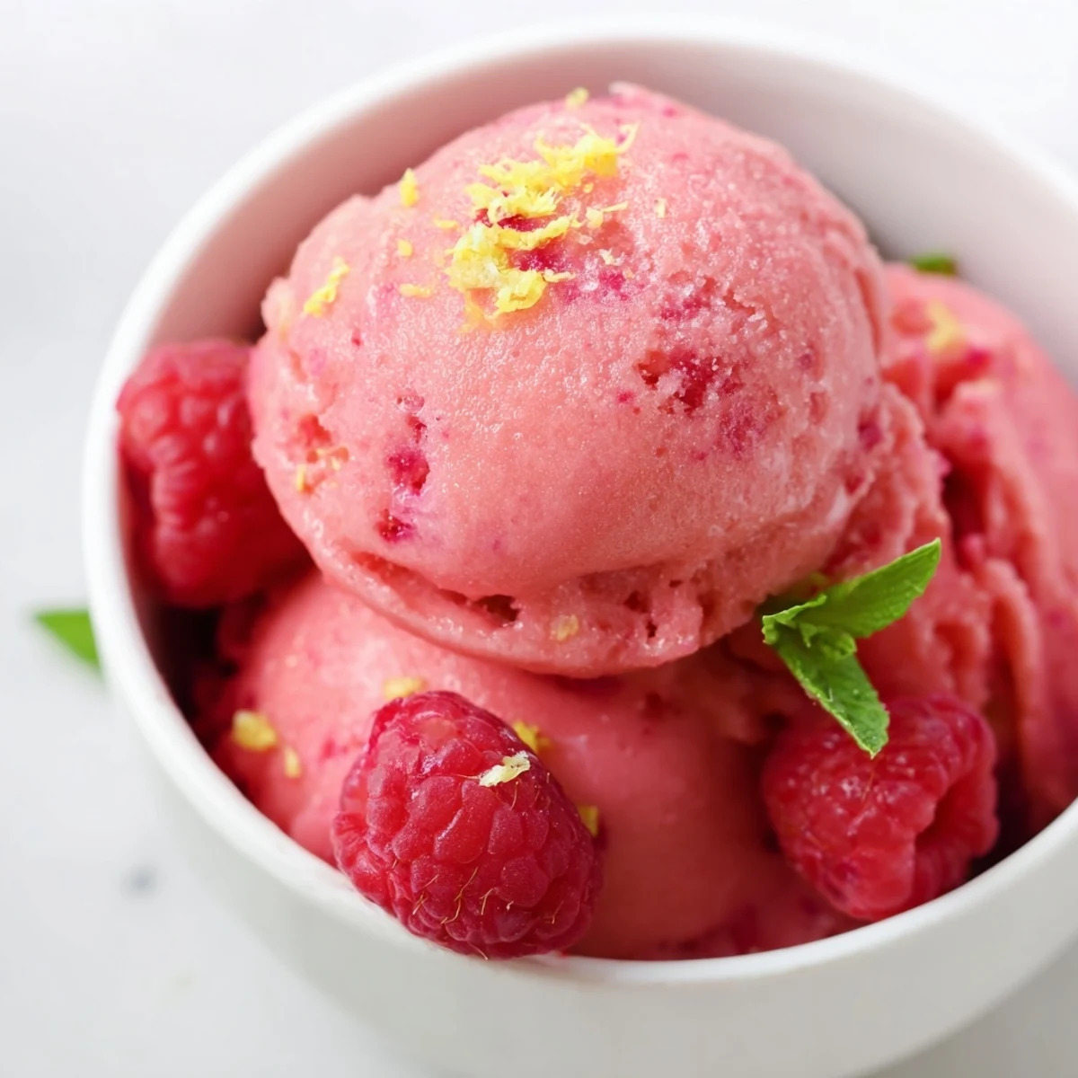 Two scoops of Pink Raspberry Lemonade Sorbet in a bowl, garnished with lemon zest and raspberry puree drizzle.  