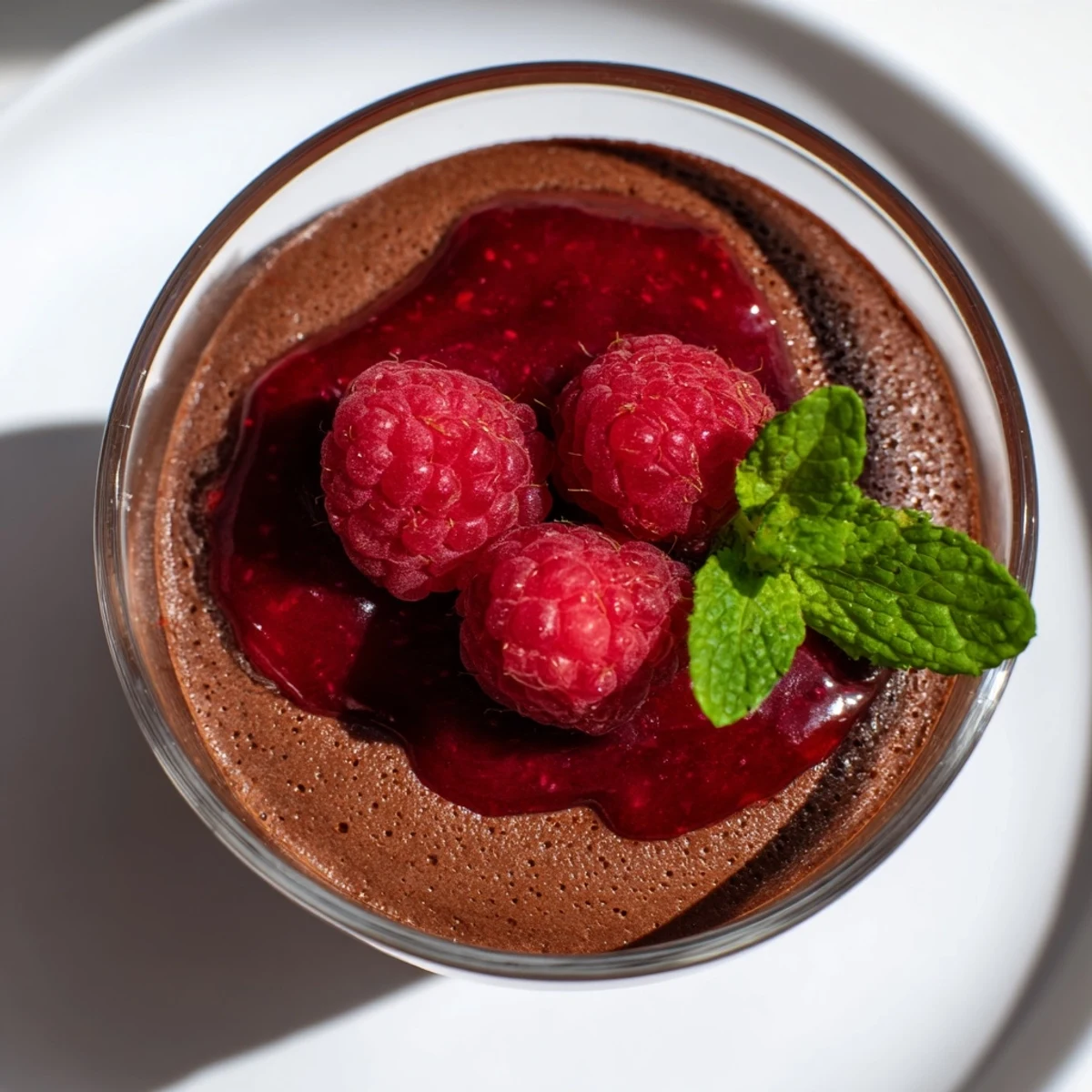 Chocolate Mousse with Fresh Raspberry Coulis in a glass, with smooth, velvety layers and garnished with fresh raspberries.