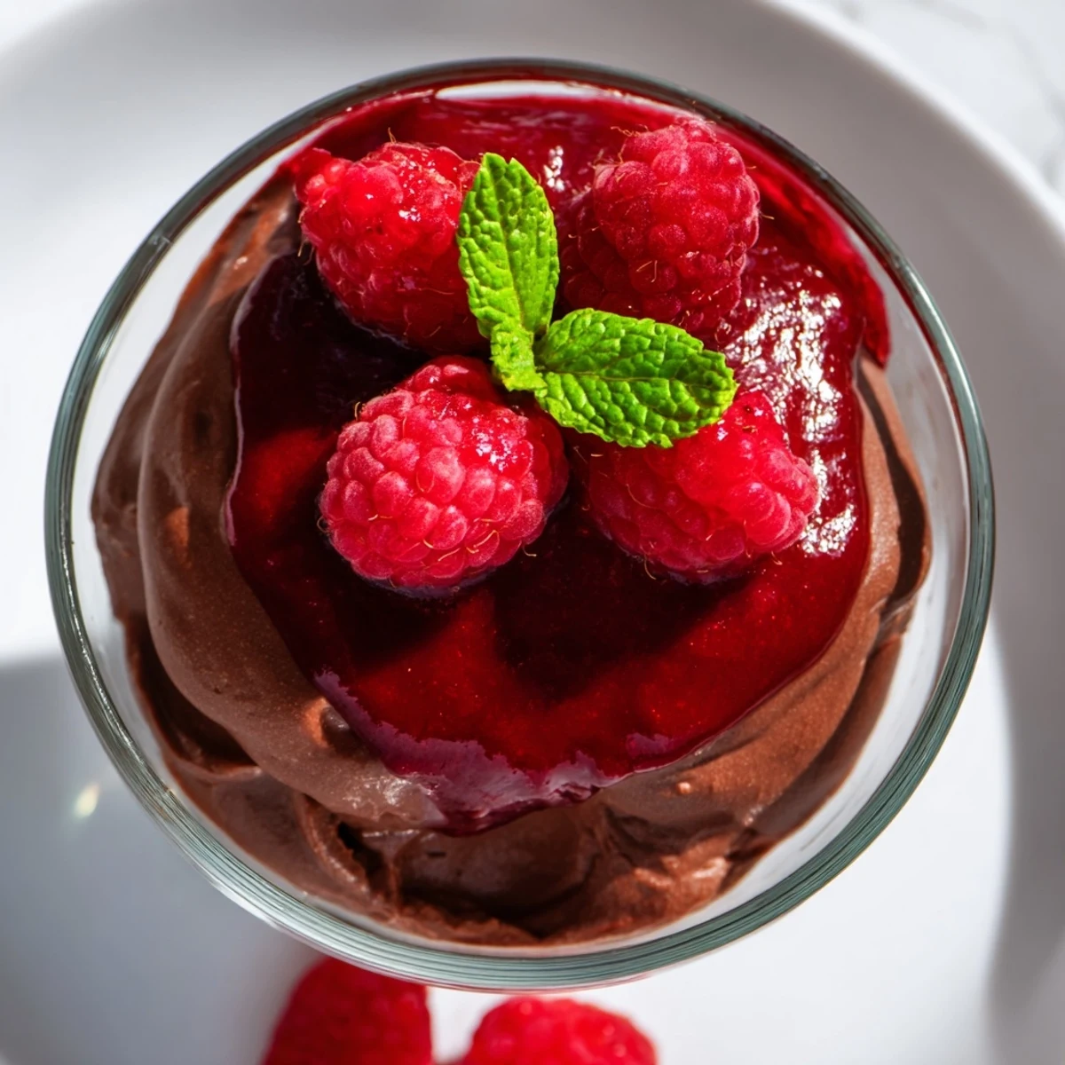 A spoonful of Chocolate Mousse with Fresh Raspberry Coulis reveals airy texture and a glossy, deep red drizzle.