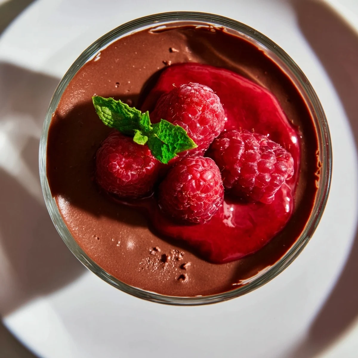 Velvety Chocolate Mousse with Fresh Raspberry Coulis served in elegant glasses, topped with vibrant berries and a mint sprig.