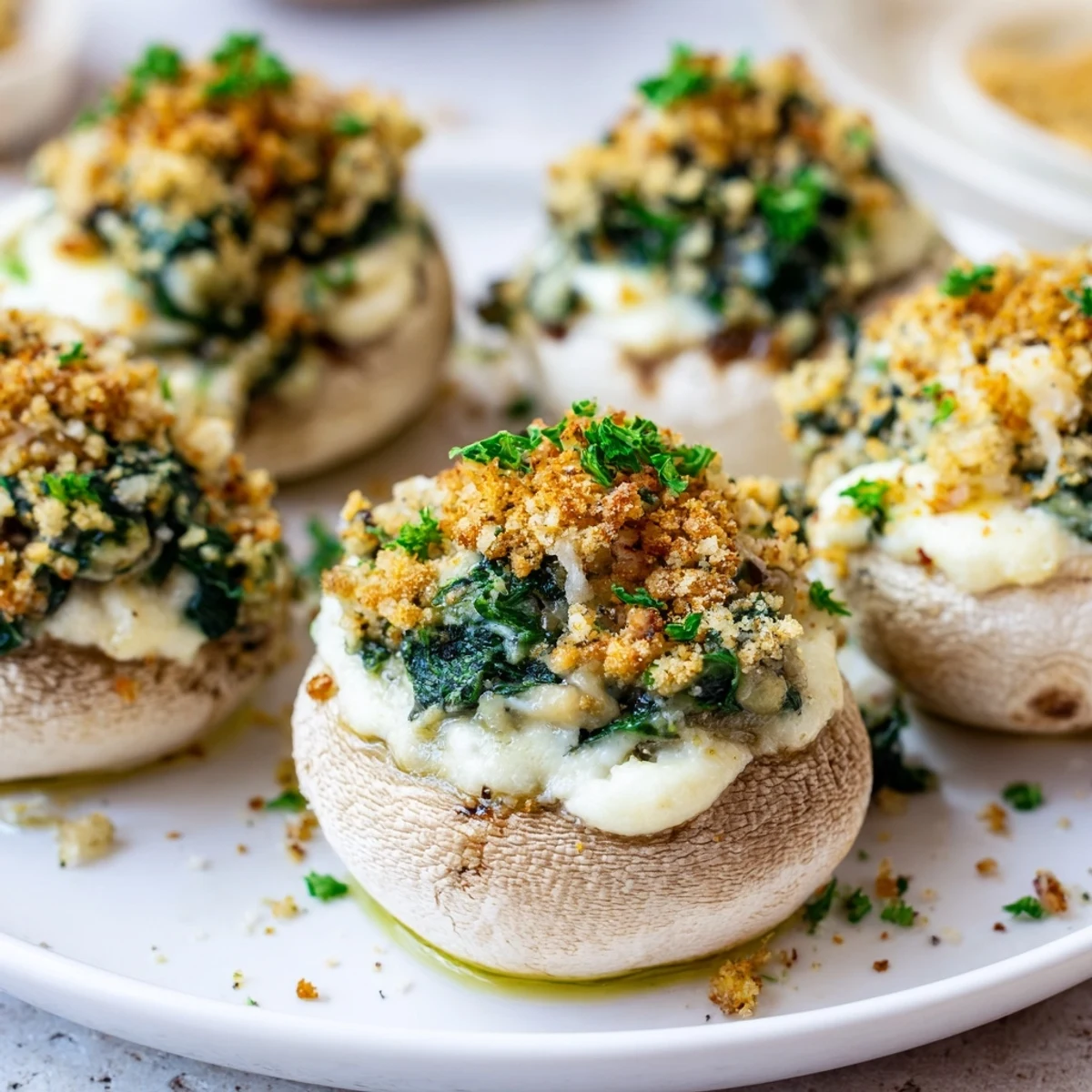 Golden-baked vegetarian stuffed mushrooms with spinach and cheese, arranged on a baking tray ready to serve.
