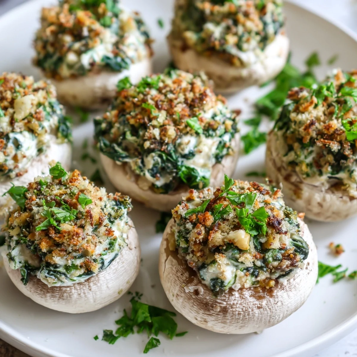Savory vegetarian stuffed mushrooms, filled with spinach and cheese, served warm as an appetizer or side dish.