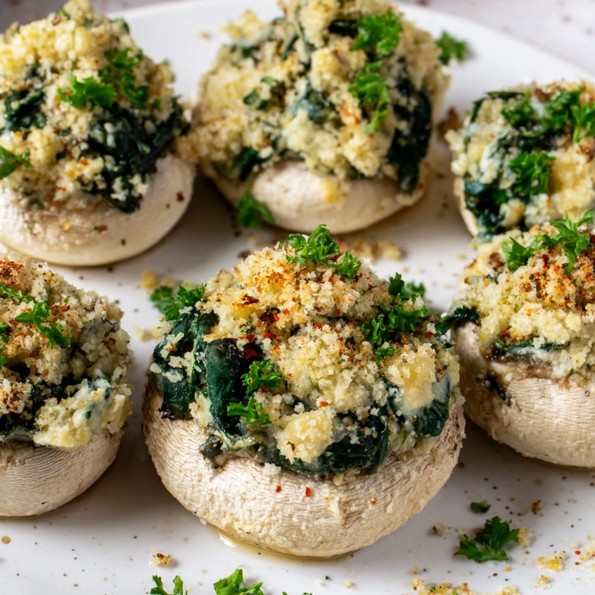 A close-up of a single vegetarian stuffed mushroom with creamy spinach and cheese filling, garnished with parsley.