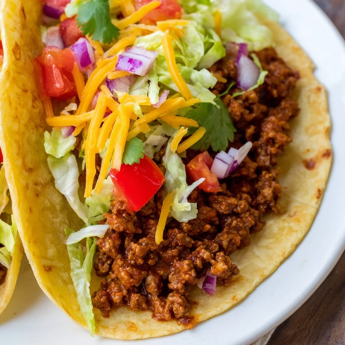 Close-up of golden, crispy tortillas stuffed with savory, seasoned ground beef, topped with fresh lettuce, diced tomatoes, and shredded cheddar cheese for a classic taco night meal.