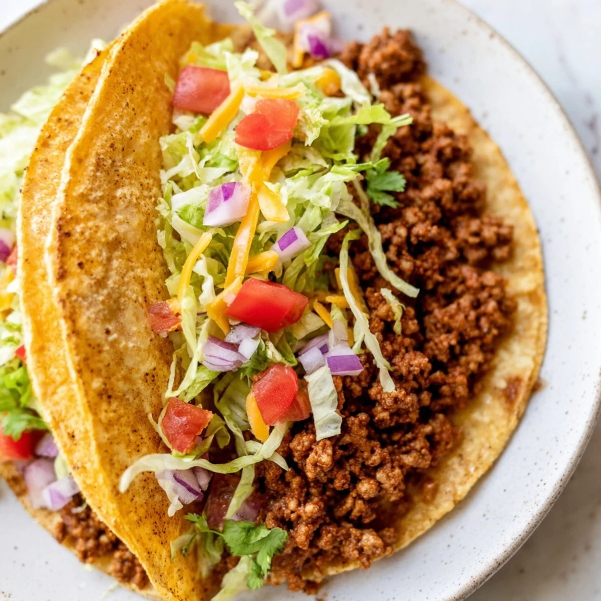 Sizzling homemade taco seasoning blends with juicy beef filling in warm tortillas, garnished with chopped cilantro and red onion, served with zesty lime wedges on the side.