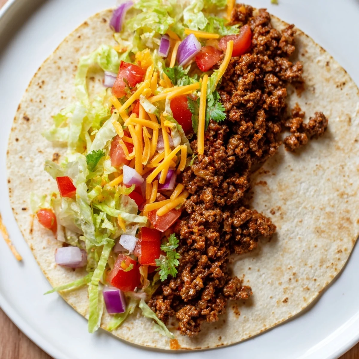 Overhead view of four hearty beef tacos with homemade taco seasoning, featuring vibrant toppings like sour cream, jalapeños, and fresh cilantro on a rustic wooden table.